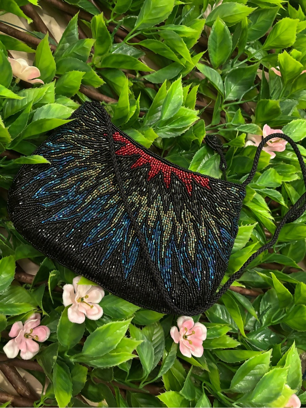 Vintage ADG beaded bag / Cross Body Black with Blue & Red Accents